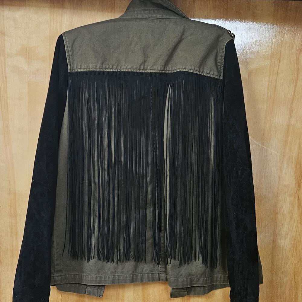 Kensie Olive and Black Suede Sleeve Fringe Utility Jacket